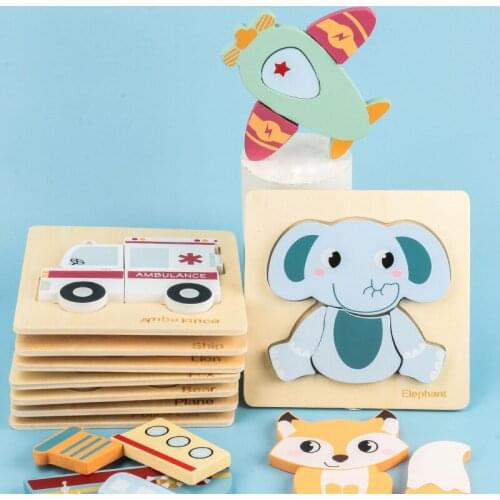 4 Pcs/Set 3D Wooden Puzzle Cartoon Animal Traffic Early Education Enlightenment Cognitive Jigsaw Toys With Gift Box