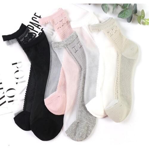 5 Pairs/Lot Female Japanese/South Korea Sweet Ultra-Thin Transparent Crystal Socks Women Sole Lace Flowers Mesh Non-slip Meias