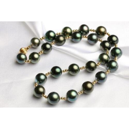 Free shipping >>>>noble jewelry Tahitian 10-11mm Peacock Green Pearl Necklace 18inch 14k