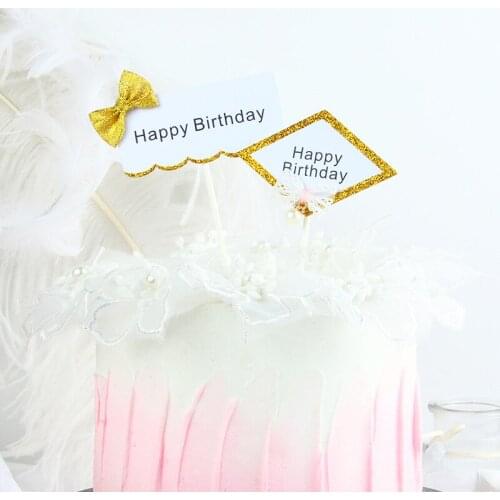 2pcs/set Happy Birthday Shiny Gold Bow Frame Cake Topper Party Golden Bow Hanging Beads Baby Girl Dessert Celebrate DIY Bunting