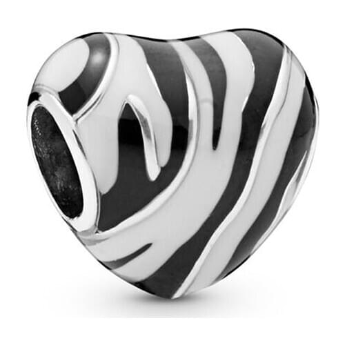 Genuine 925 Sterling Silver Wild Stripes Heart Charm Beads Fits Pandora Bracelet Women DIY Jewelry Making Gift