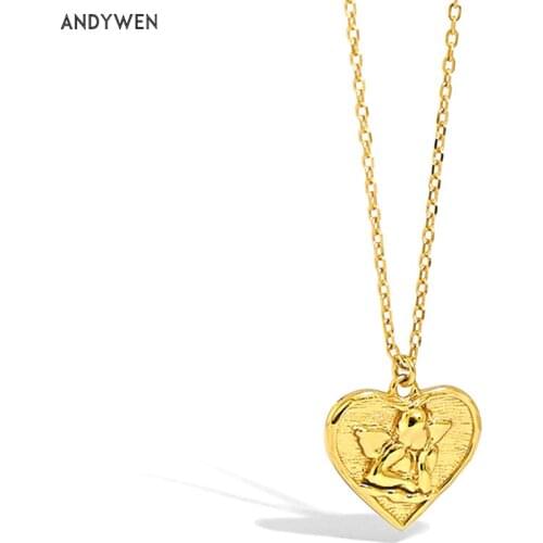 ANDYWEN New 100% 925 Sterling Silver Gold Cupid Eros Love Heart Pendant Necklace long Chain Fashion Women Fine Jewelry