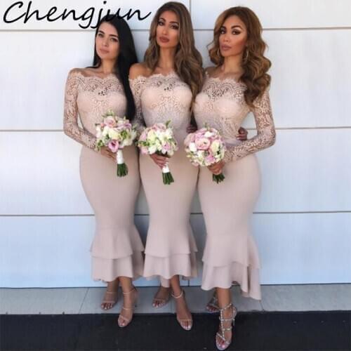 Chengjun Ankle Length Mermaid Champagne Off Shoulder Long Sleeve Bridesmaid Dress