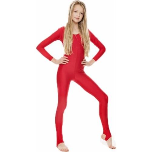 SPEERISE Girls Long Sleeve Red Dance Unitard Kids Stirrups Catsuits Spandex Gymnastics Leotards Dancewear Free Shipping