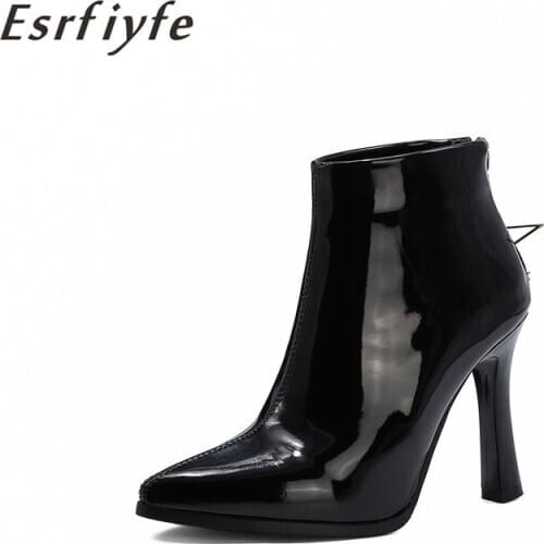 ESRFIYFE 2020 New Black Patent Leather Woman Boots Sexy Pointed Toe Riding Boots Super High Thin Heels Ankle Boots Large Size 19