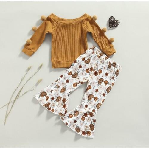 FOCUSNORM Lovely Baby Girls Autumn Clothes Sets 2pcs Long Sleeve With Balls Solid Tops Flowers Printed Flare Pants 0-4Y