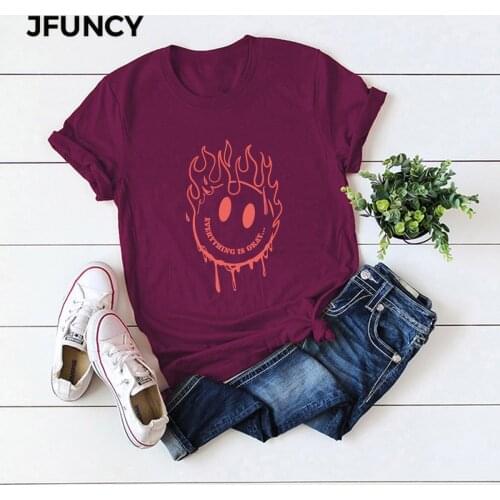 JFUNCY Plus Size Women Tops Cartoon Print Casual Woman Cotton T-shirt Summer Female Tee Shirt Oversize Short Sleeve Lady Tshirt