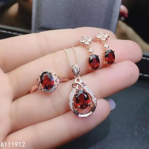 KJJEAXCMY fine jewelry natural garnet 925 sterling silver women pendant necklace chain ring earrings set support test trendy