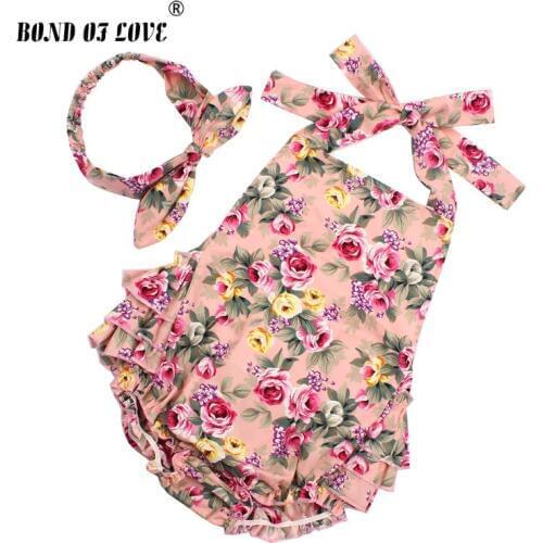 Baby Girl Clothes 2019 Cotton Ruffled Floral Rompers Headband Set Sleeveless Romper Newborn Photography Props Christmas Gift