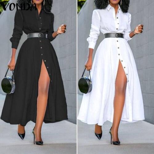 Summer Dress 2021 VONDA Casual Solid Color Long Sleeve Dresses Elegant OL Office Ladies Sexy Split Party Long Vestidos Robe