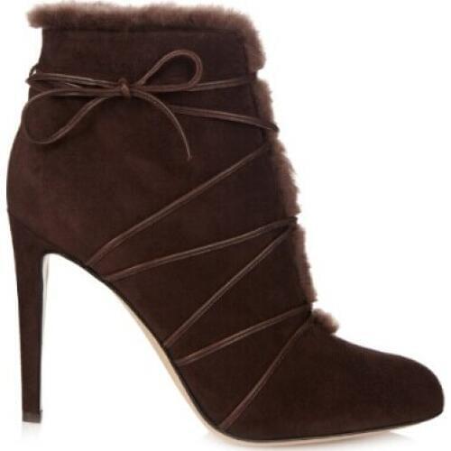 Hot selling fur inside winter warm brown ankle boots peep toe lace-up high heel women booties fashion party shoes woman strappy