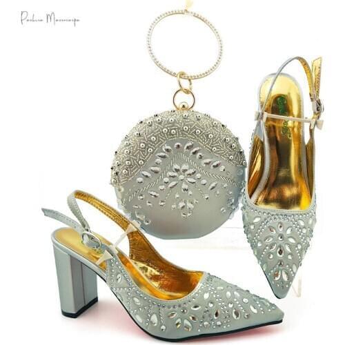 Fashionable Shoes and Bag to Match African Design with Shining Crysta Matching Shoes and Bag Set for Royal Party in Silver Color