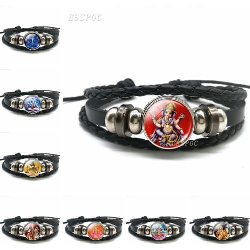 Fashion Hinduism Elephant God Ganesh Lucky Black Button Woven Glass Bracelet Braided Leather Charm Jewelry for Men Women Gift