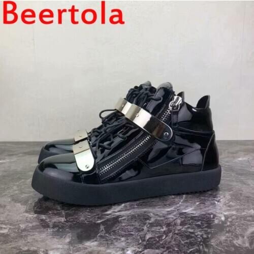 Brand Beertola Patent Leather Double Metal Buckle Shoes Men Round Toe Lace-Up Zipper High Top Man Shoes Big Size Black Sneakers