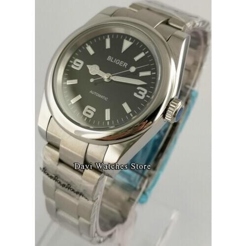 39mm Bliger/Sterile Silver NH35 Mens Watches Black Dial Luminous Sapphire Glass Men Mechanical Automatic Wristwatch