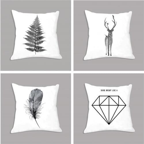 Nordic Cushion Deer Feather Printed Minimalist White Decorative Cushion for Sofa Room Decoration Plush Throw Pillow 45x45cm