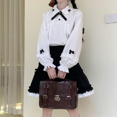 Original Design Cute Girls Women Peter Pan Collar Long Sleeve White Shirt Blouse & Black Bubble Short Skirt Kawaii