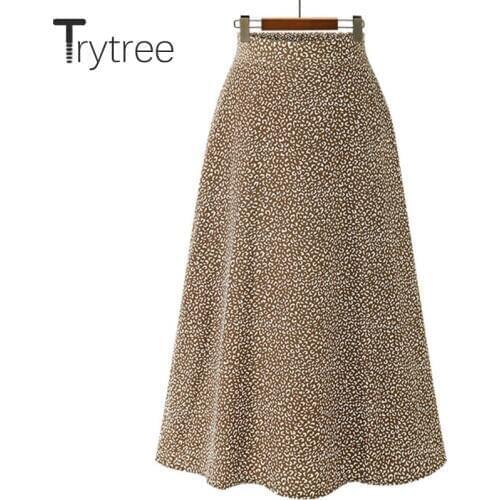Trytree 2020 Autumn Winter Women Casual Skirt Solid 3 Colour Empire Zipper Print Skirt Fashion A-line Mid-Calf Office Lady Skirt