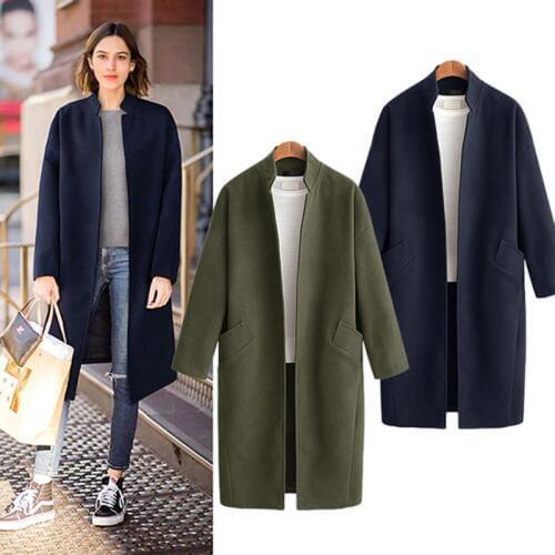Army Green Standing collar Wool Coat Women Pocket Casual Long Sleeve Autumn Winter Blends Outerwear Oversize Trench Coat
