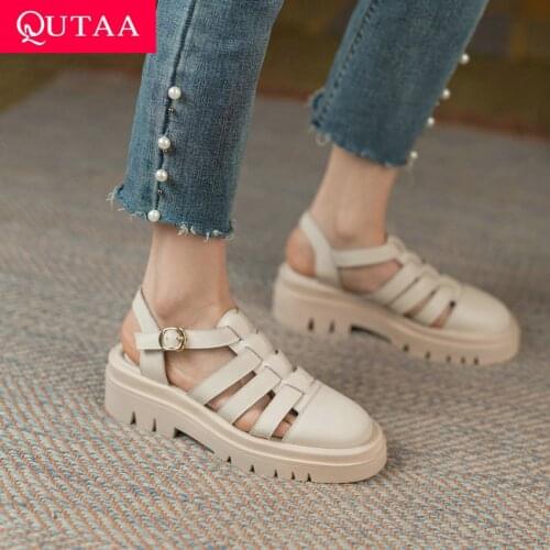 QUTAA 2021 Round Toe Buckle Platform Female Shoes Genuine Leather Cut Outs Rome Sandals Summer Women Square Heels Size 34-39