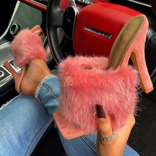 Fashion New Summer High Heel Ladies Slippers Faux Fur Sexy Style Girls Sandals Women Pump Ladies Party Shoes Outside Female