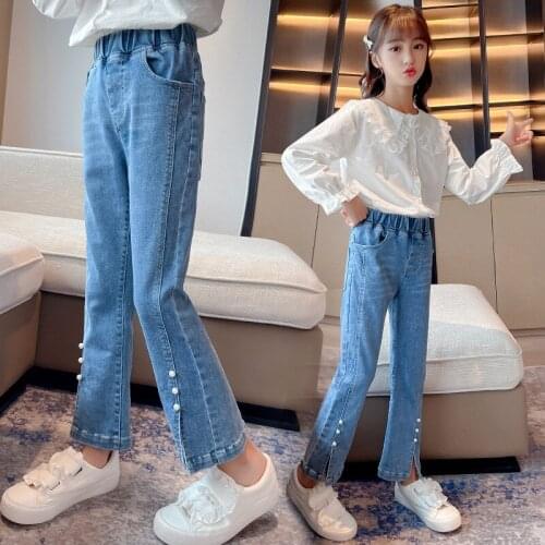 Big Girl Slim Jeans 2021 Children Autumn Fashion Pearl Decoration Cotton Denim Soft Slit Pants Kids Trousers Child Clothes Girl