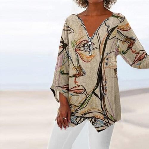 Graffiti Face Printed Women Long Sleeve Blouse Fashion 2021 Autumn Ladies V-Neck Pullover Tops Casual Loose Blouse Shirts