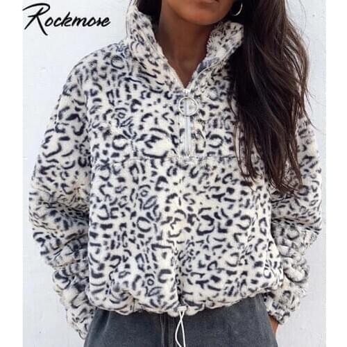 Rockmore Leopard Furry Sweatshirt Women Zipper Up Turtleneck Pullovers Streetwear Hooded Hoodie Casual Baggy Sweatshirts Autumn