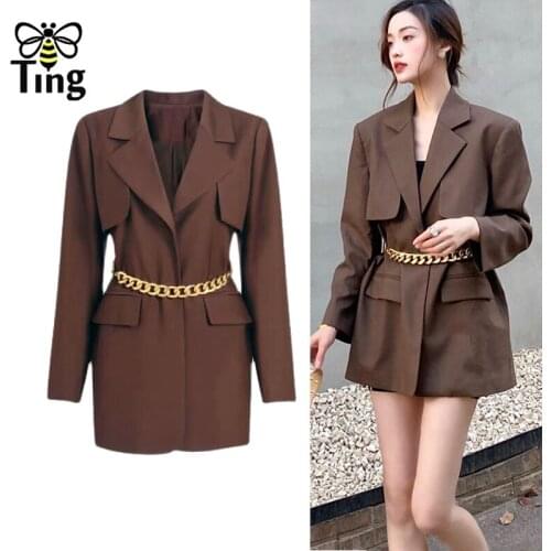Tingfly Straight Chain Tunic Blazers Women Clothing High Waist Pockets Notched Long Sleeve Coats Female 2021 Autumn Fashion