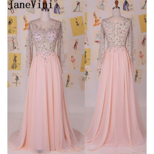 JaneVini Sexy Sheer Top Long Prom Dresses Pink Beaded Long Sleeve Women Formal Gowns Sparkly Crystal Chiffon Bridesmaid Dresses