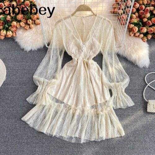 2021 New Spring Autumn French V-neck flare sleeve Dress heavy work lace Ruffles patchwork high waist short A-line Dress