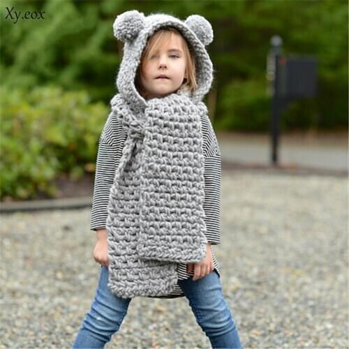 Winter lovely childrens hat cute solid color wool hat scarf one-piece knit warm fashion beanies hat