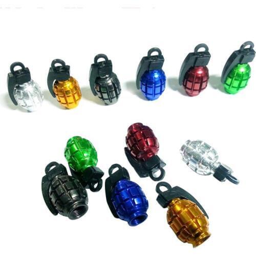 4 Pc Universal gold, silver, red, green, black, blue Grenade Style Wheel Tyre Tire Valve Stem Cap Dust Covers Parts Accessories