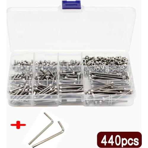 440pcs/Set M3 Screws Nuts Kits 304 Stainless Steel Hex Head Socket Screws and Nuts Assortment+2 Hex Key Fastener Hardware 6-40mm