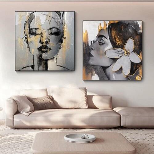 Abstract figure canvas painting golden girl face fashion wall art for living room square wall picture home decor no frame