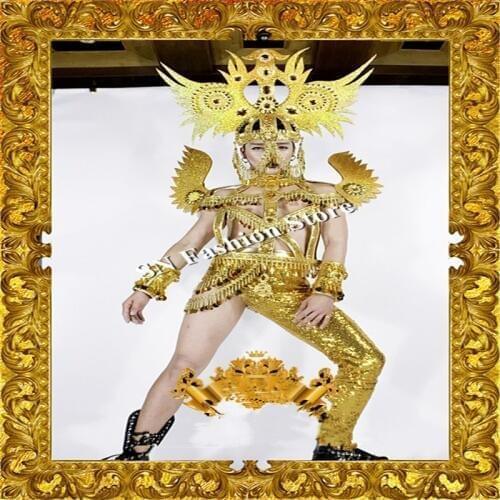 CC11 Gold mirror ballroom dance costumes sexy men robot suit stage show wears bar catwalks performance clothes party dj disco