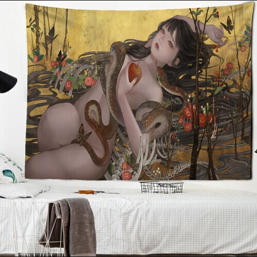 Indian Illustration Wall Hanging Gold Snake Wall Hanging Greek woman Seven Chakra Bohemian Wall Cloth