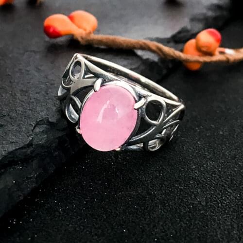 Pink Jade Gemstone Ring Mainstone 8*10mm 925 Silver Vintage Style Punk Ring Female Engagement Wedding Party Jewelry Fine Jewelry
