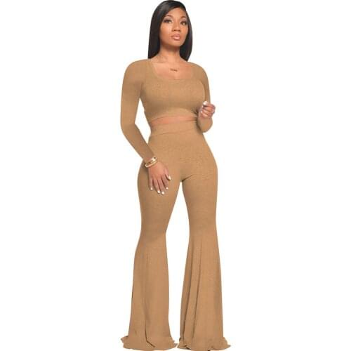 Casual Two Piece Outfits for Women Sets Bodycon Matching Sets Crop Top Flared Pants Suit Tracksuit Clothes Wholesale Dropshpping