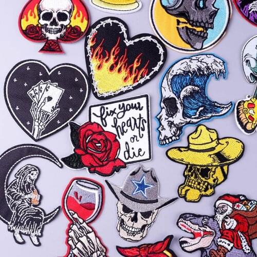 Cowboy Skull Applique Patches For Clothing Rock Stickers Patches For Jackets Jeans Applique Embroidered Flower Fusible Patch
