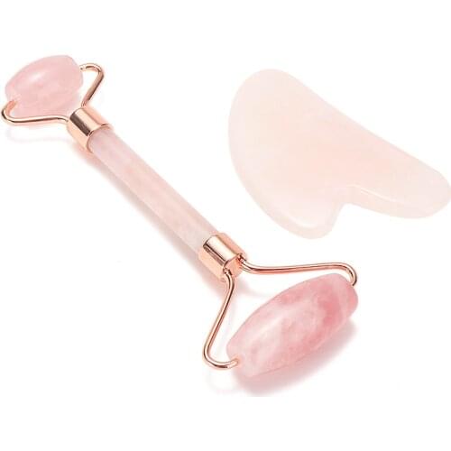 Slimming Face Massage Stone Natural Rose Quartz Jade Stone Roller Facial Massager Guasha Board Double Chin Remover