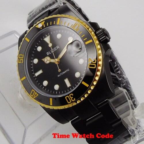 40mm Bliger Automatic Movement Mens Watch PVD coated NH35 black Dial Sapphire glass Date indicator luminous black roating bezel