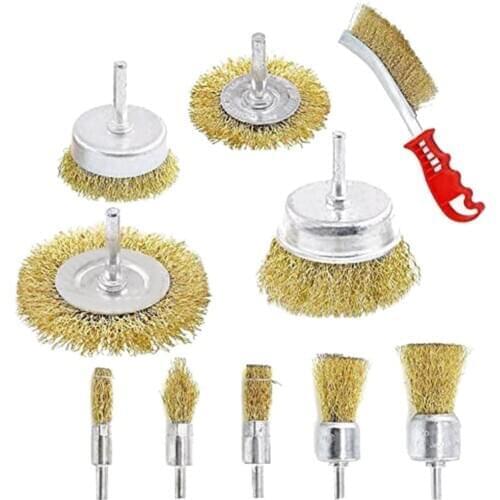 10 Pcs Wire Brush Set, Brass Coated Wire Brushes for Drill Paint Stripper Rust Remover Wire Wheel and Cup Brush Set