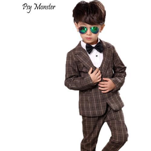 2018 New 3Pcs Boys Plaid Wedding Suit Brand England Style Gentle Boys Formal Prom Dress Tuxedos Suit Kids Spring Clothing Set