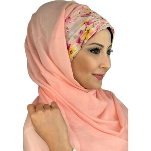 New Fashion Hijab 2021 Women Muslim Chiffon Headscarf Hat Islamic Turban Scarf Dark Salmon Floral Patterned Shirring Ready Shawl