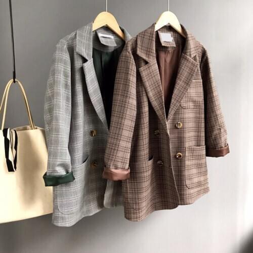 Obrix Casual Plaid Pattern Female Basic Suit Jacket V-Neck Double Breasted Full Sleeve Office Lady Streetwear Jacket For Women