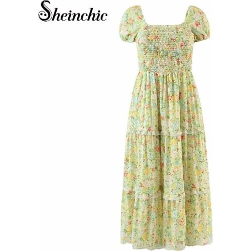 Vacation Boho Green Floral Printed Midi Dresses for Women 2021 Summer Bohemian Short Sleeve Chiffon Dresses Female