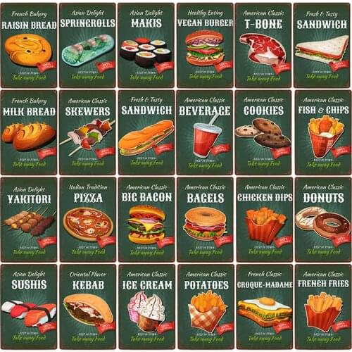 Fast Food Desserts Shop Poster Hamburger Bread Metal Tin Sign Iron Painting Decor For Restaurant Plate Plaques Art Sign 20x30cm