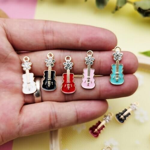 20pcs Rhinestone Mini Guitar Shaped Enamel Charms Metal Pendants Fit DIY Earring Bracelet Floating Hair Jewelry Accessories Gift