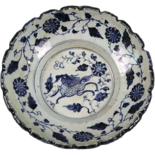 Early collection of Ming Zhengde blue and white kylin grain melon and fruit plate kui mouth double bottom bowl old porcelain